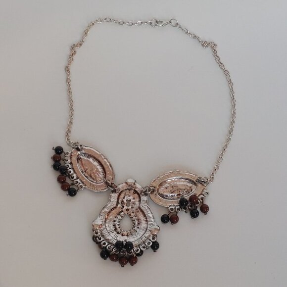 FUN Bohemian Statement Necklace Silver Tone Women's Necklace Black Brown - Picture 3 of 3